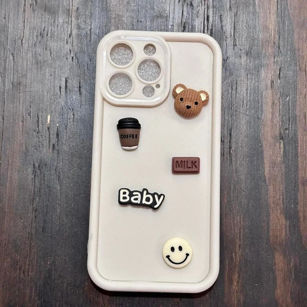 Cream iPhone 13promax phone case with cute bear 3d